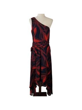 Vince Camuto Red Blue Sheer Overlay 1 Shoulder Sleeveless Tie Waist Dress 10